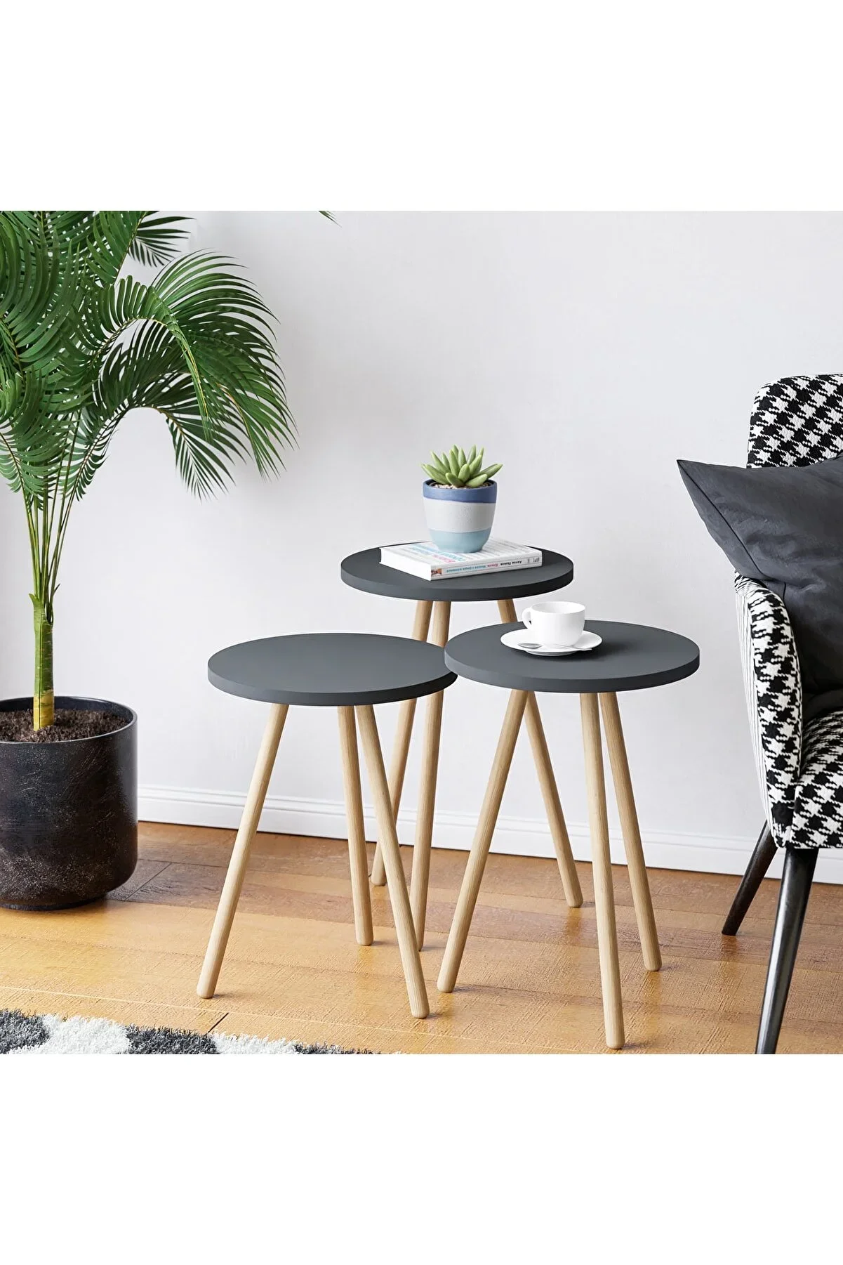 Modern Coffee Table 3 Pieces Scandinavian Round Wooden Leg Side Tea Coffee Serving Tables Round Living Room Service Tables Furni