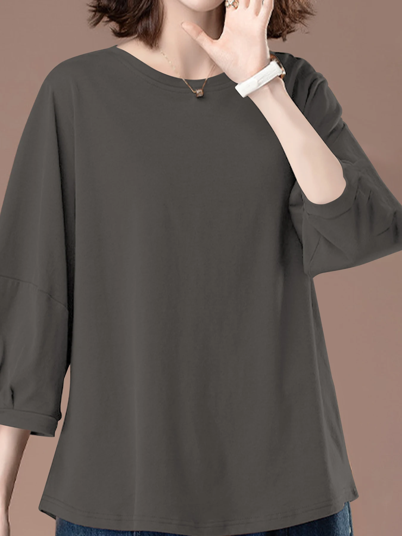Damen-Tops mit 3/4-Ärmeln, Rundhalsausschnitt, lässig, trendig, lockere T-Shirts – Detail 1