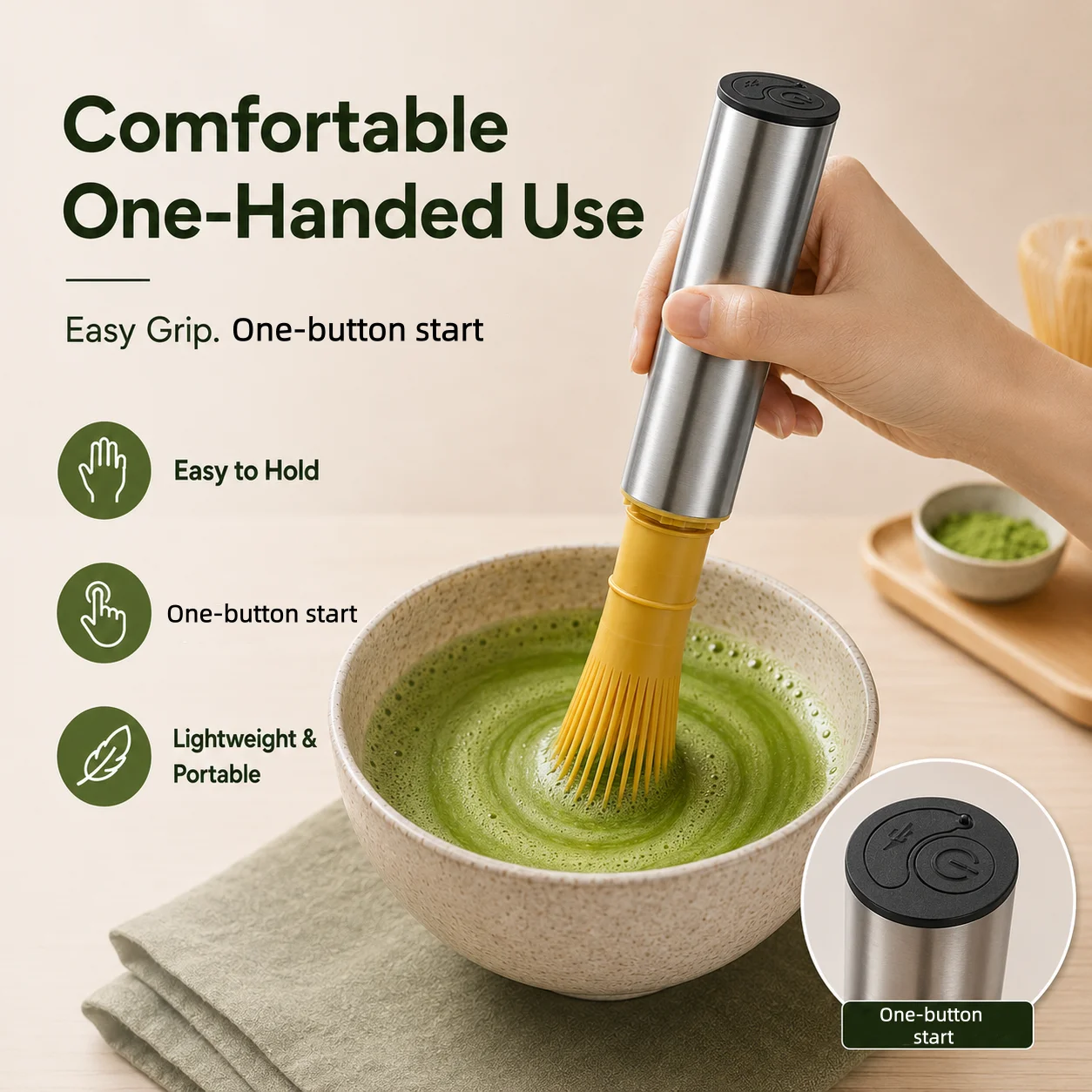 Portable USB Rechargeable Matcha Mixer with Bamboo-Style Whisk Head and Protective Storage Cover for Green Tea Preparation