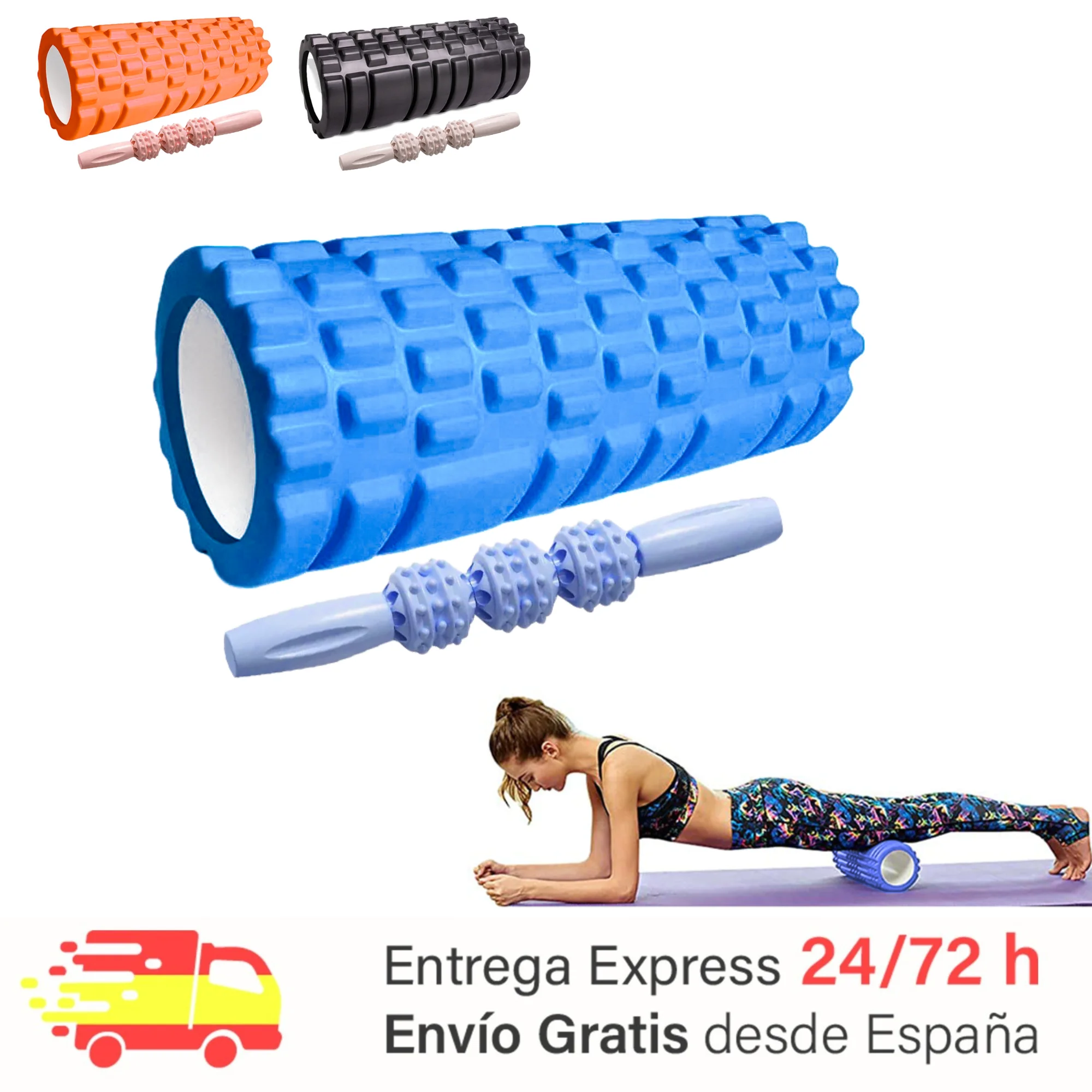 Roller and massage bar. Foam Roller for therapy and muscle massage. Pilates and Yoga roller. Fitness Foam Roller. Rubber foam cylinder for pain relief and training. 33x14cm