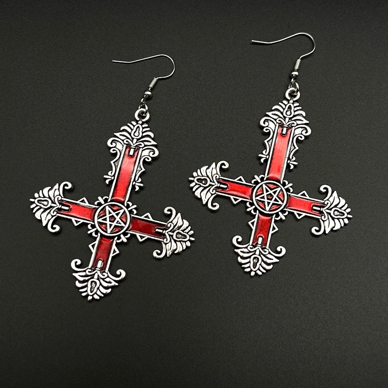 Upside Down Cross Earrings Trad Gothic Vintage Pentacle Cross Enamel Dangle Earrings Best Jewelry Gifts for Women