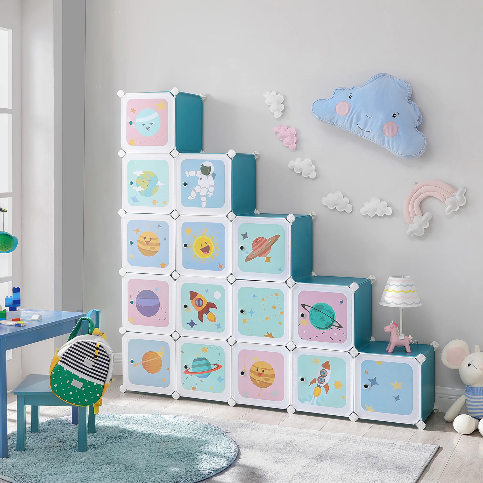 SONGMICS Armario Modular Infantil de 15 Cubos, Organizador Modular para niños, Estantes de Cubo de plástico, con Puertas, para Ropa, Zapatos, Juguetes, 153 x 31 x 153 cm, Azul/Blanco