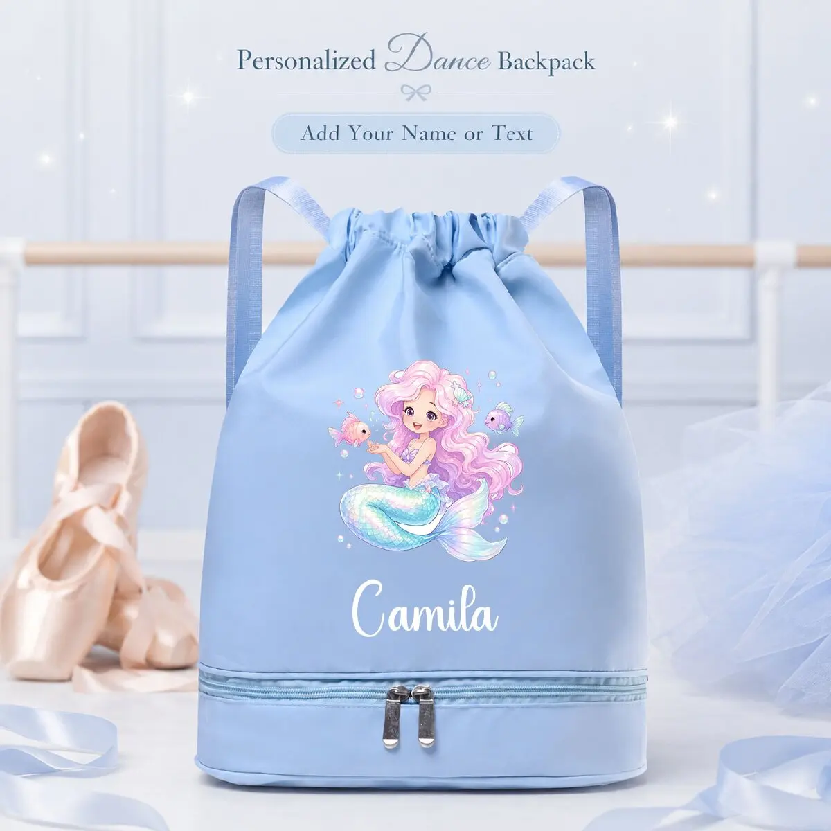 Custom Name Ocean Mermaid Drawstring Bag with Shoe Compartment, Dance Storage for Ballet Class, School, Swim Lessons and Fitness view 3