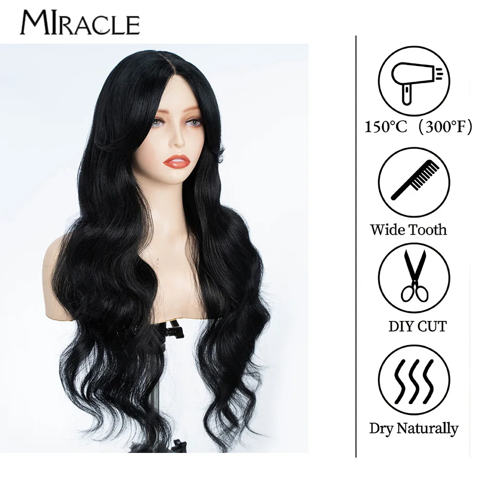 MIRACLE Wig sintetis renda depan 28 inci, Wig renda serat ombak badan untuk Cosplay wanita, rambut palsu tahan panas pirang