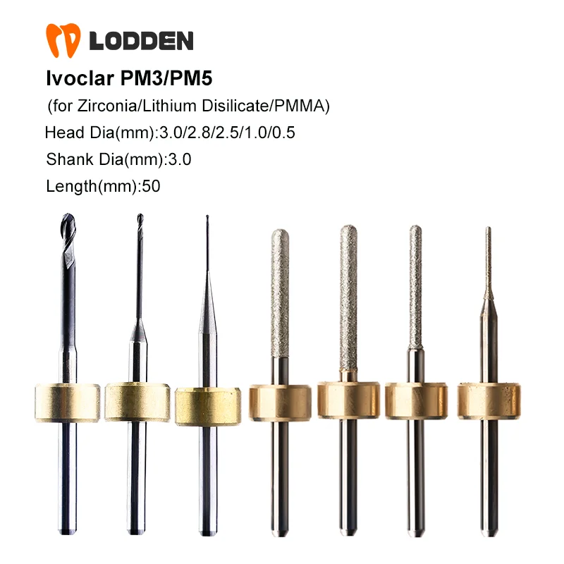 

Milling Burs Ivoclar PM3 PM5 Dental Lab for Zirconia Lithium Disilicate PMMA D3 Grinding Drills Dentist Milling Cutter Tools