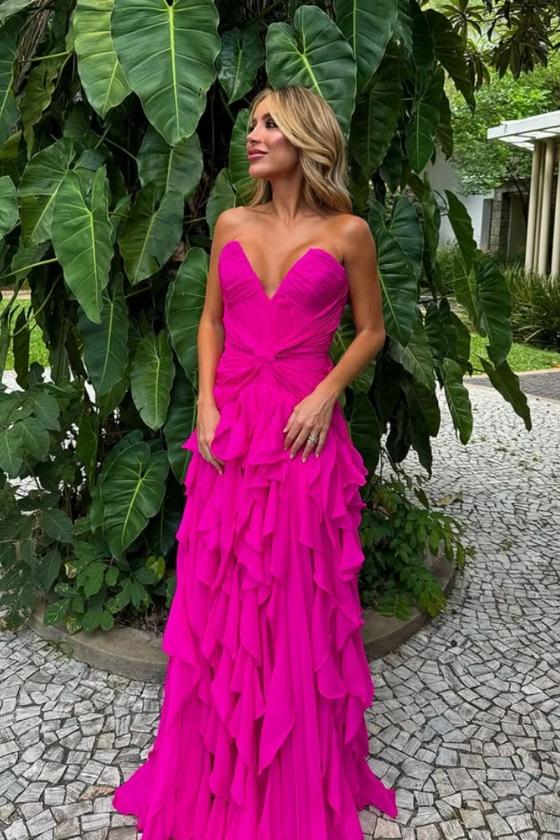 Jessica Sweetheart Abiti da sera rosa caldo Abiti da ballo in chiffon da donna Increspato a strati A-Line Abiti da festa personalizzati