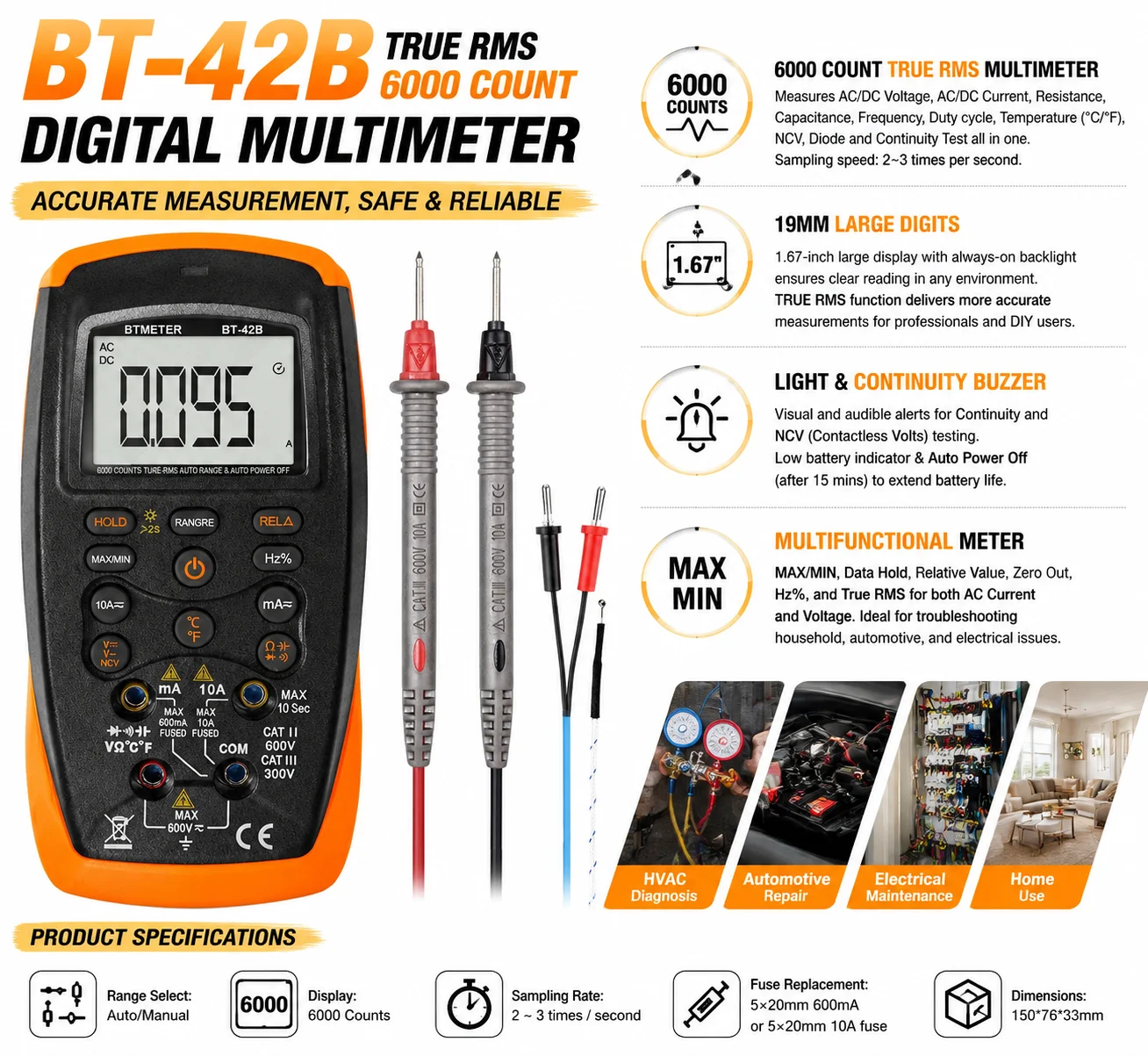Digital Multimeter 6000 Counts True RMS Auto Range Tester AC DC Voltage Current Resistance Capacitance Frequency Temperature NCV