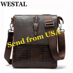 Westal bolsa de couro genuíno para homens, padrão cocrodile, sacos mensageiro, sacos de ombro, bolsas crossbody, 8857