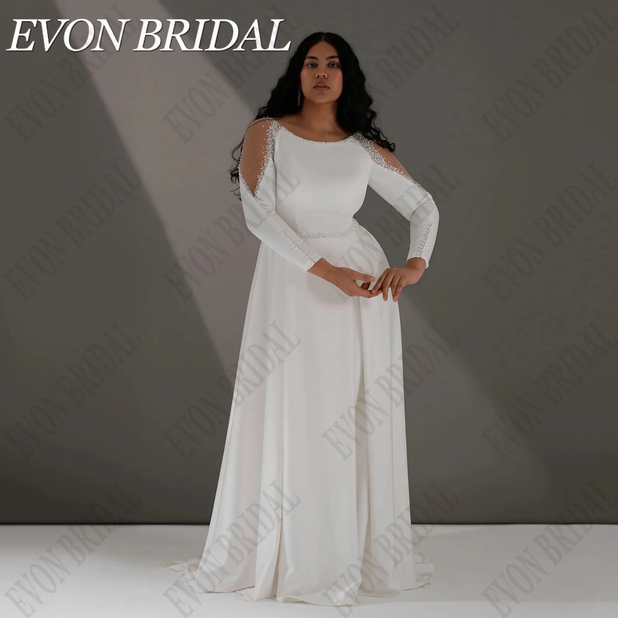 EVON BRIDAL Plus Size Wedding Dress Beading Satin A-Line Bridal Gowns Long Sleeves Elegant Bride Dresses vestidos de novia