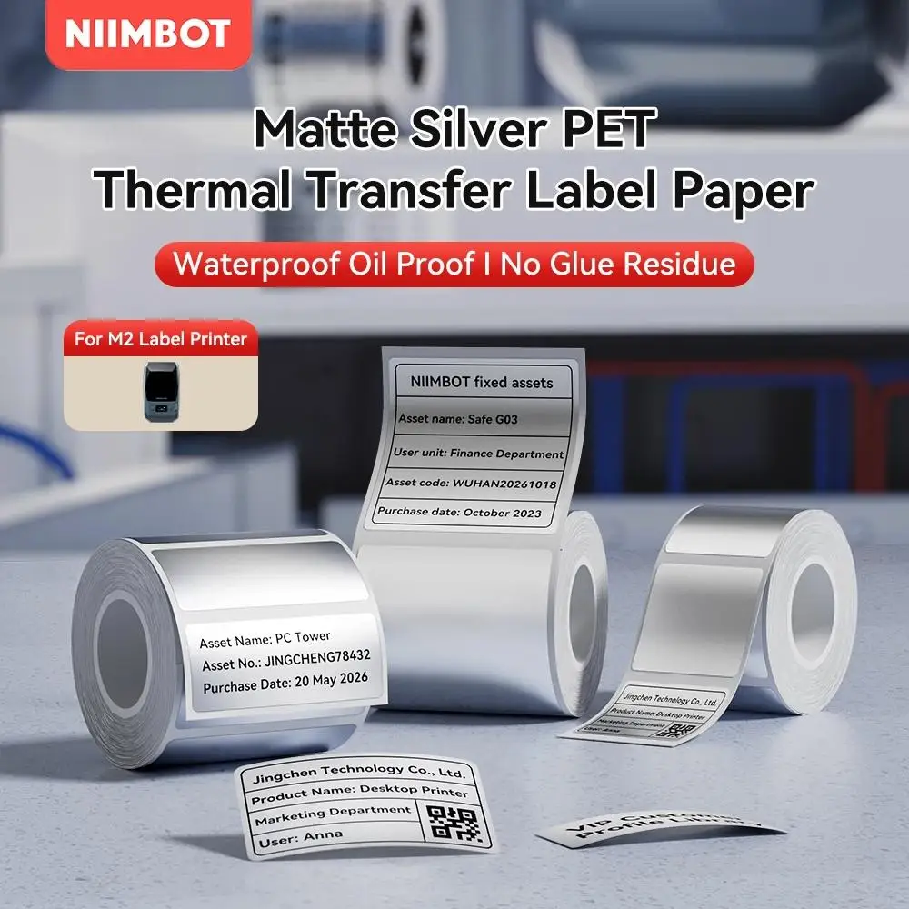 Étiquettes autocollantes en argent à transfert thermique NIIMBOT M2/M3, forte adhérence, étiquettes d'étanchéité alimentaire, étiquettes imperméables et résistantes aux hautes températures