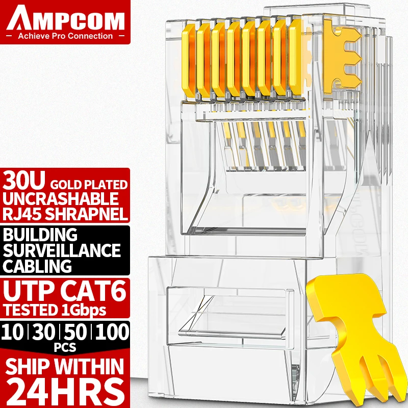 AMPCOM CAT6 RJ45 modulaire stekkerconnector UTP 50μ vergulde tweedelige 8P8C krimpende voor Ethernet-kabel, bulk Ethernet-kabel