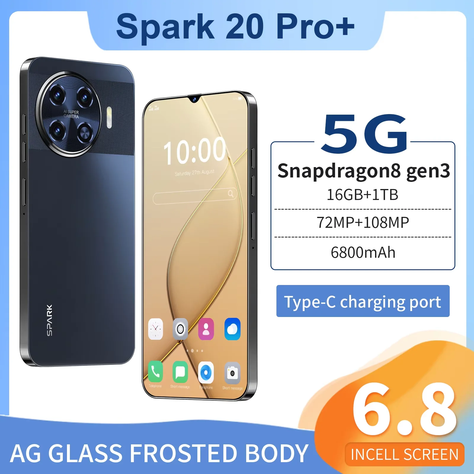 

Spark 20 Pro+ Smartphone 6.8 inch Full Screen 4G/5G Cell Phone 16TB+1TB 6800mAh Mobile Phones 108MP Global Version Celulares