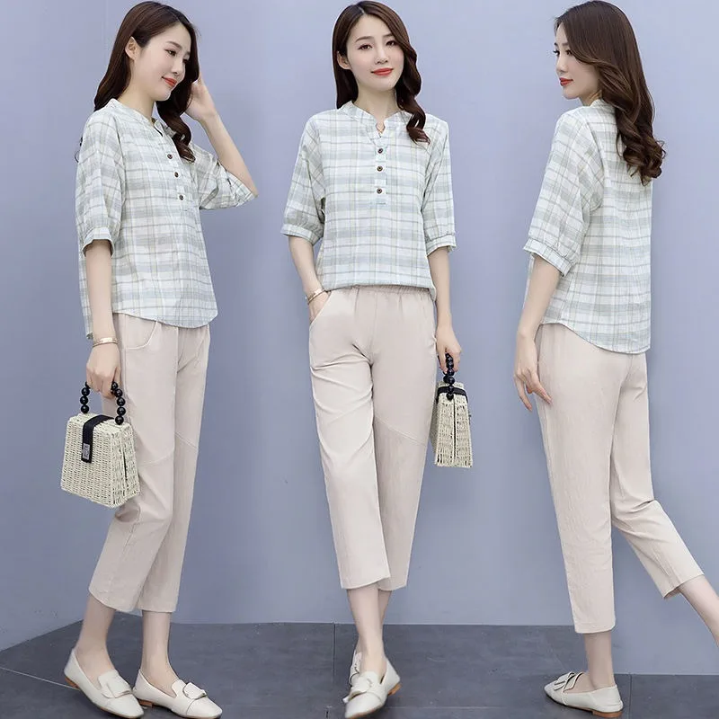 2022 Summer Women's 2Pcs Plaid V-neck Blouse+Pants Office Lady Two Pieces Set Casual Fashion Tops And Ankle-length Trousers Sets