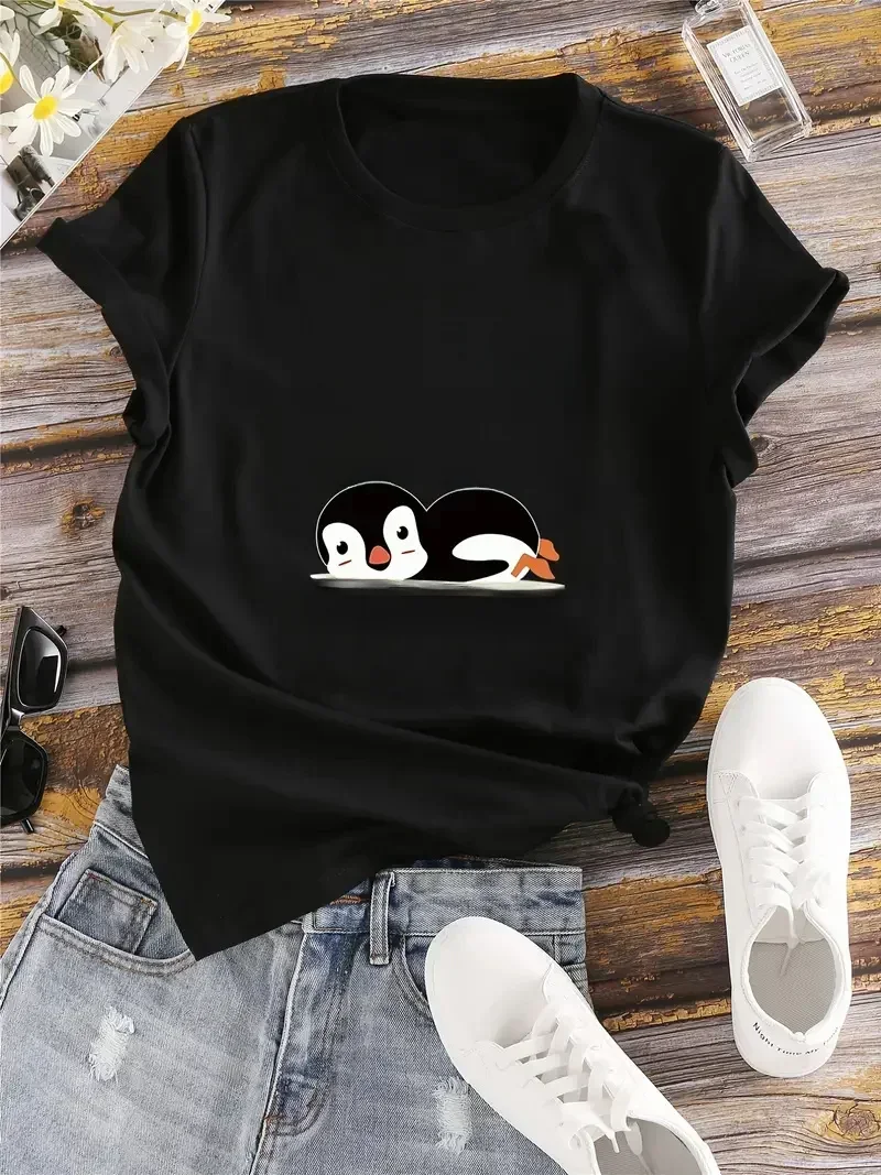 Ik ben niet kort, ik ben een pinguïnformaat T-shirt met letter- en dierenprint Ronde hals T-shirt met korte mouwen Casual Elke dag Tops Shirts voor dames - afbeelding 2