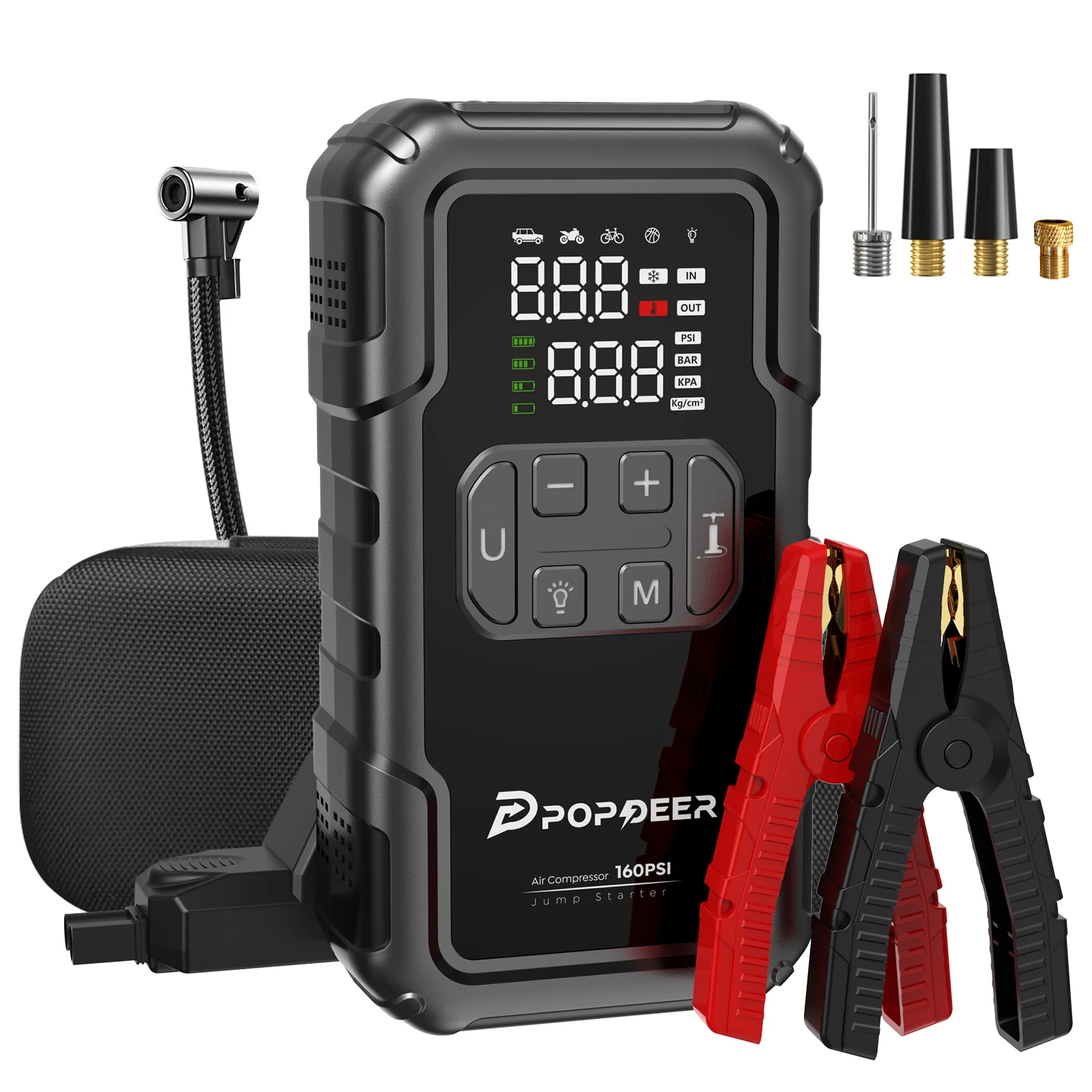 POPDEER PD-JA2 4000A Starthilfegerät mit 160PSI Luftkompressor, 8,0L Benzin/6,0L Diesel Booster, 600LM Licht & Powerbank, Großer Bildschirm