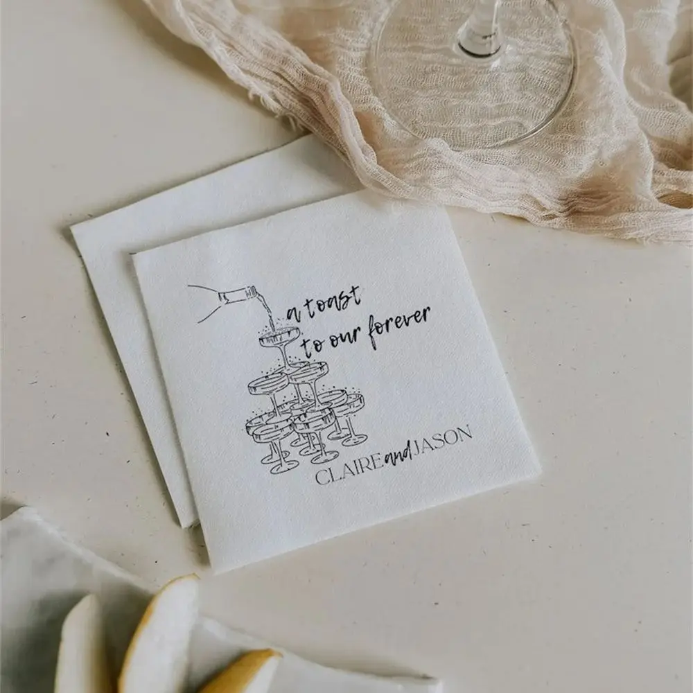 A toast to our forever Personalized Wedding or Engagement Napkins | Custom Champagne Glass Tower Paper Napkins for Cocktail Wedd