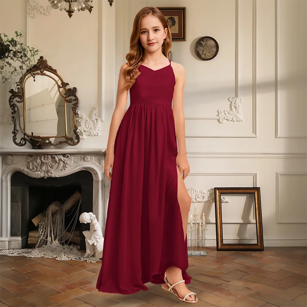 ITH A-Line V-Neck Floor-Length Chiffon Junior Bridesmaid Dress Flower Girl Dress With Side Slit Crisscross Party Wedding Formal