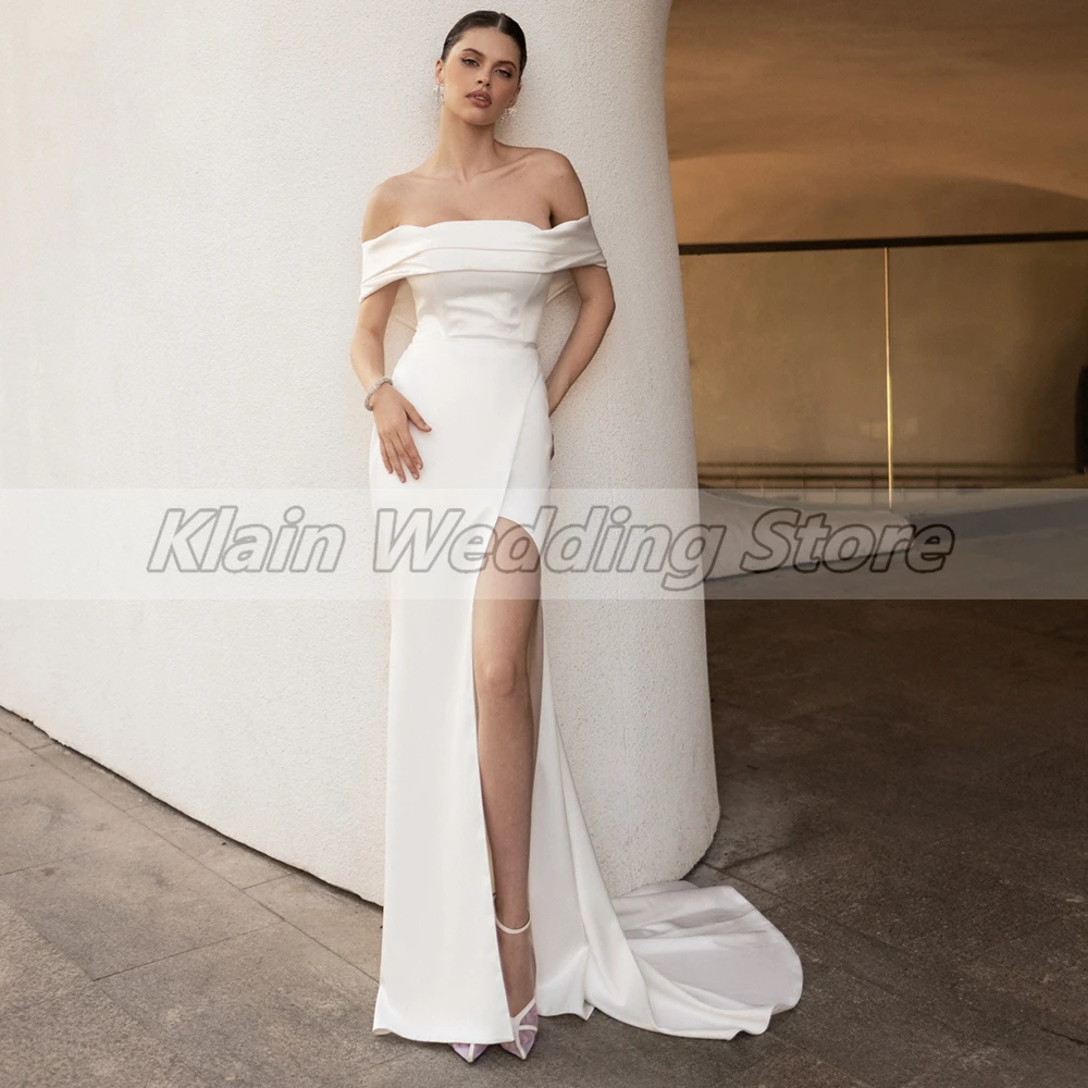 

Customized Weilinsha Chic Off The Shoulder Side Split Wedding Dress Simple Sheath Court Train Civil Bridal Gowns With Backless H