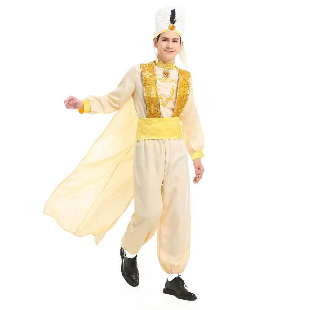 علاء الدين زي الرجال الأمير العربي تأثيري الملابس للكبار أعلى السراويل قبعة ملابس هالوين كرنفال مرحلة الأداء البدلة