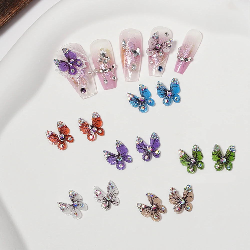 10Pcs 3D Acrylic Butterfly Nail Art Charms Aurora AB Diamond Butterflies Nail Rhinestone Decorations Cute DIY Nail Accessories