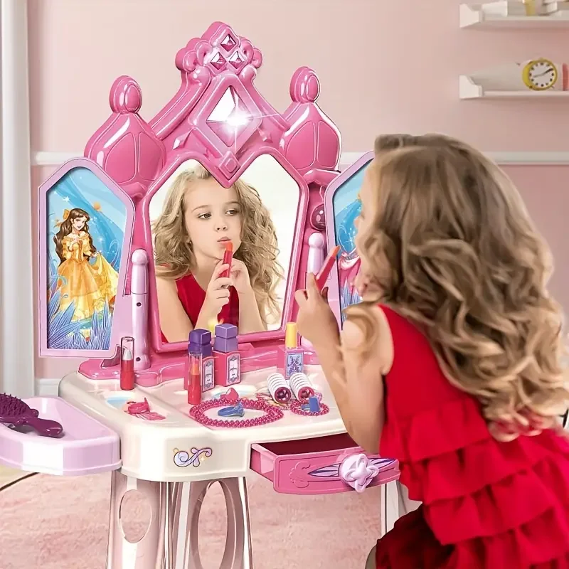 Pretend Play Girls Makeup Table Set With Stool,Open Doors,Kids Vanity Set With Lights And Music,Pretend Makeup,Christmas Gifts