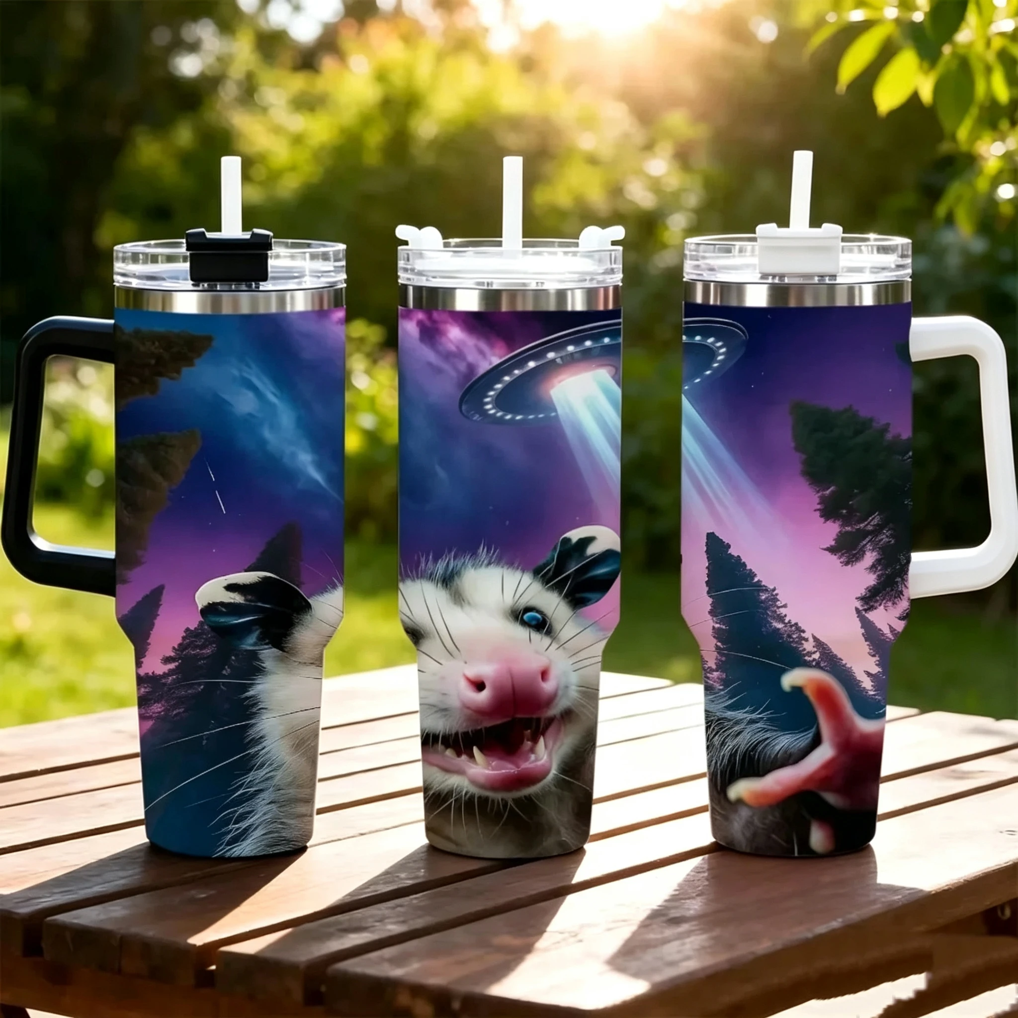 40oz Opossum UFO Galaxy Tumbler With Handle Straw Lid, Double Wall Vacuum Insulated Stainless Steel Travel Mug, Funny Space Forest Alien Abduction Print Cup For Car Outdoor