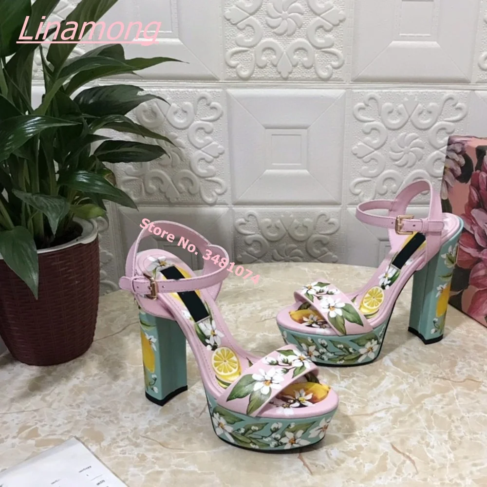 2025 Summer New Luxury Women Sandals Print Open Toe Retro Square High Heel Buckle Leather Platform Free Shipping Party Shoes view 5
