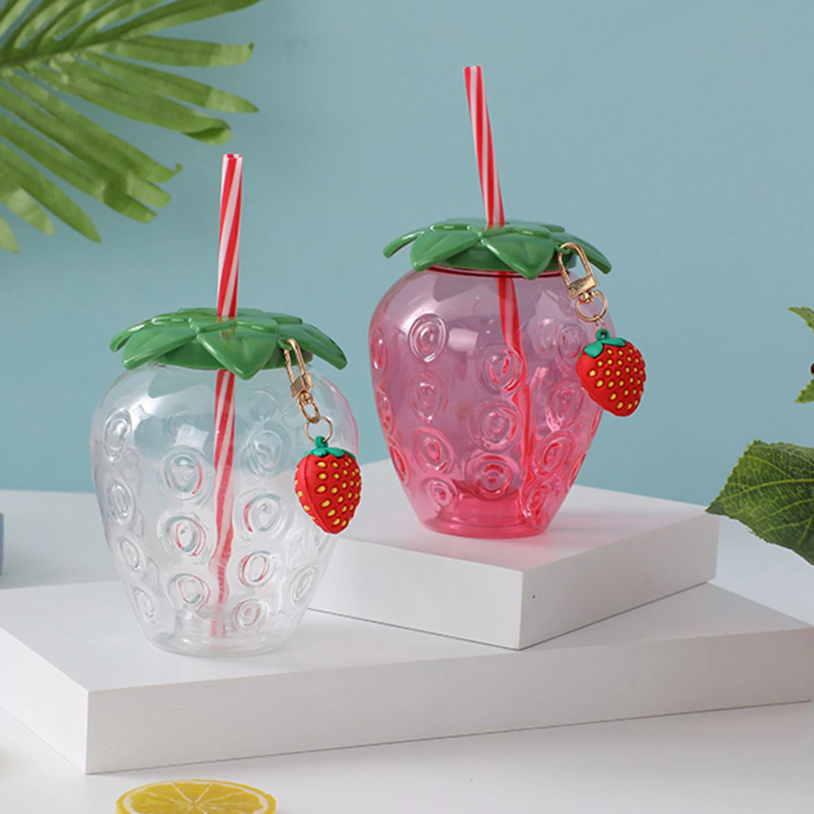 Juego de 10 Vasos con Pajita de Fresa, Botella de Agua con Tapa para Niños, Recuerdos de Fiesta, Vasos de 500 ml para Cumpleaños en Familia o Fiestas Hawaianas