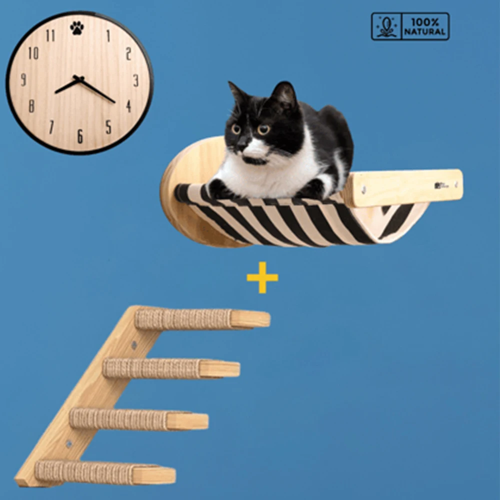 

Cat Hammock and Ladders Climbing Wall Mounted Scratching Post Wooden Cat Furniture Four-layer Ladder Steps For Cat Playing