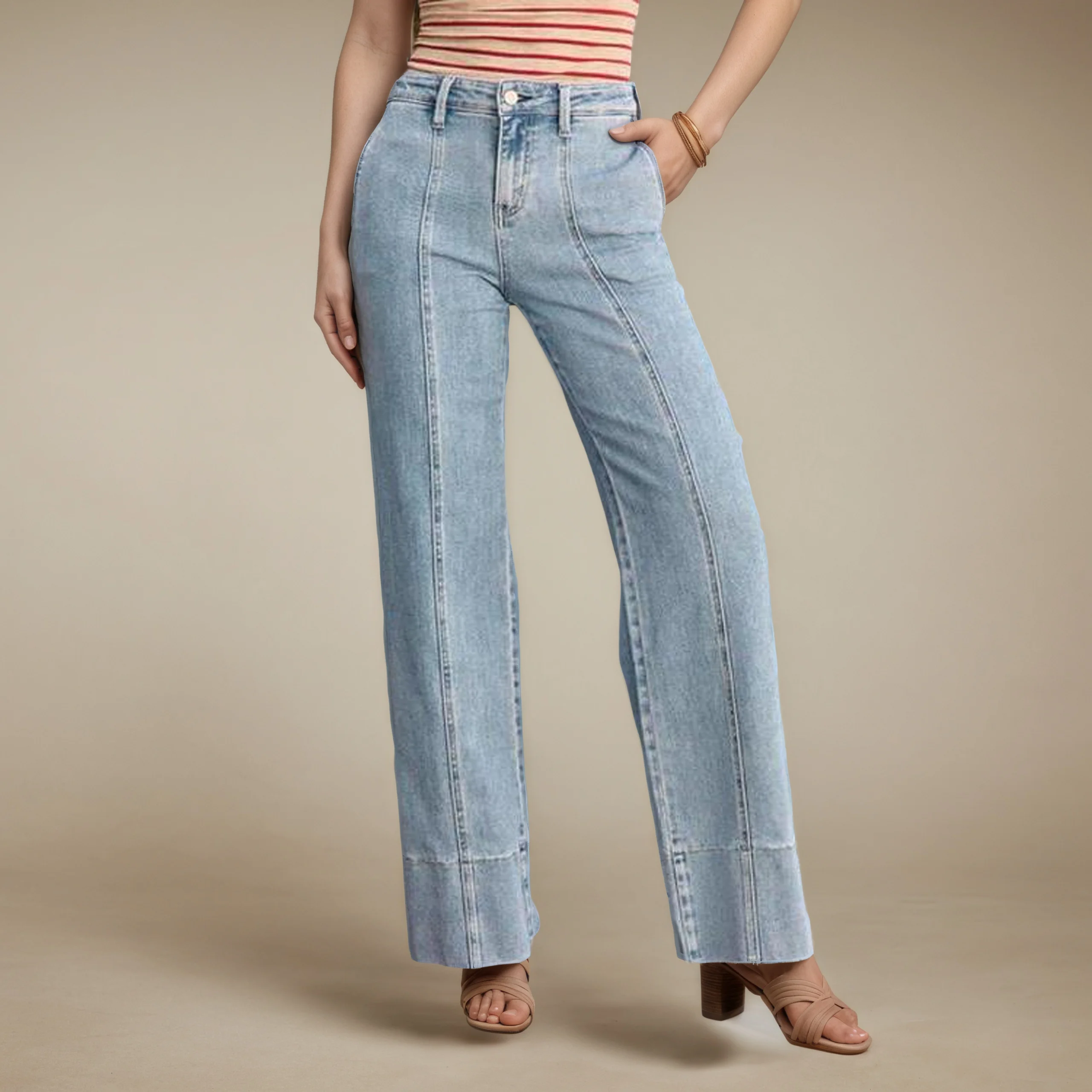 بنطال جينز نسائي واسع الساق عالي الخصر مستقيم الساق قابل للتمدد مع جيوب