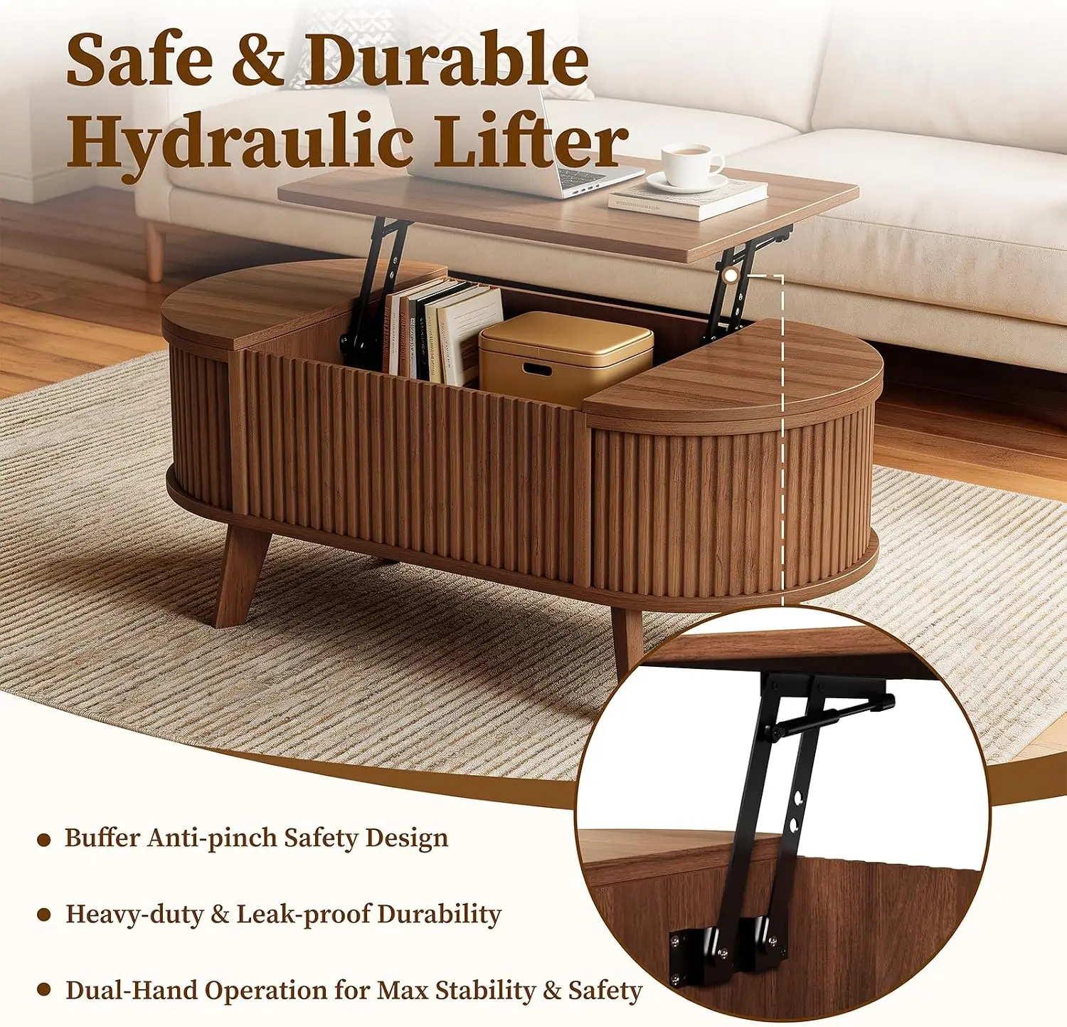 39.4" Oval Fluted Coffee Table with Lift Top, Hidden Storage, Walnut Mid Century Modern Farmhouse Small Center Table for Living Room, Home Office With 3 Compartments image 7