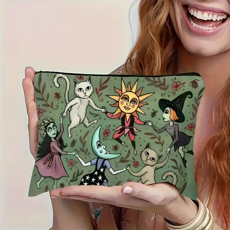 1Pc Fantasy Character Animal Retro Design Multifunctional Travel Makeup Bag, Snack Storage Bag, Stationery Storage Bag, Fashionable Toiletry Bag, Canvas Double-Sided Printed Zipper Pouch