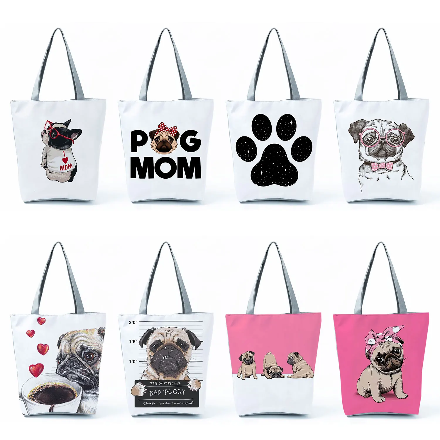 Women\'S Bag 2022 Trend Star Dog Paw Funny Tote Fashion Cartoon Pug Print Handbags Cute Animal Portable Eco Shoulder Shopper Bags