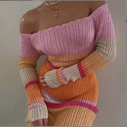 2022 Long Contrast Color Y2K One Word Neck Off Shoulder Hollow Beach Long Sleeve Knitted Striped Dress Women