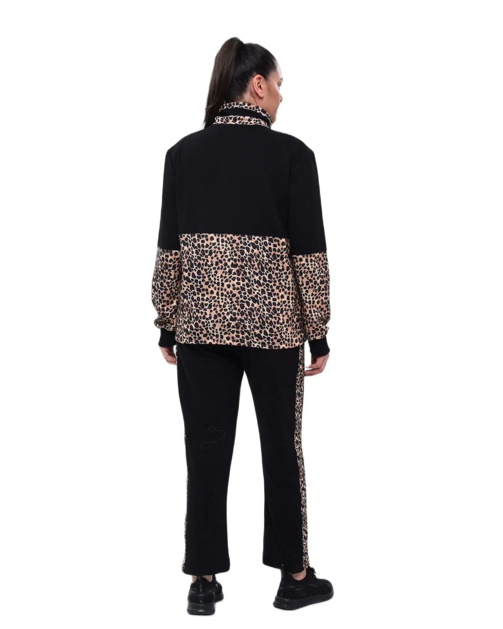 Women’s Plus Size Black Sweatsuit Set 2 Piece Stand-Up Collar Leopard Detail Tracksuit, Designed and Made in Turkey, New Arrival