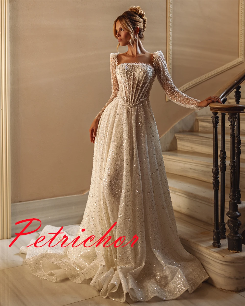 Aangepaste elegante witte organza trouwjurk prachtige vierkante kraag lange mouwen kapel trein parels lovertjes bruidsjurken