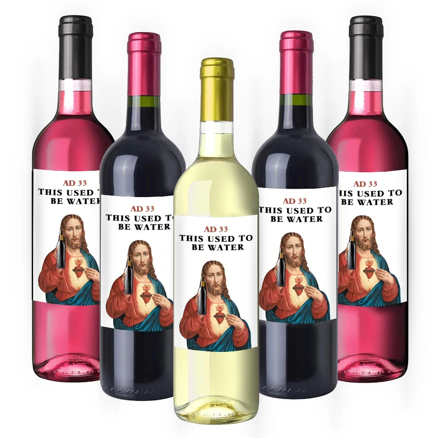 5 Pcs Christmas Wine Bottle Stickers – Funny “This Used to Be Water” Jesus Theme, Holiday Party Labels for White Elephant Gift