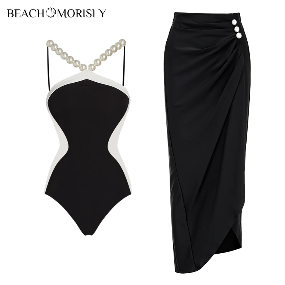 2024 Swimsuit and Skirt Halter Artificial Pearl Chain One Piece Women  Vacation Beachwear Bathing Suit Summer Swimwear