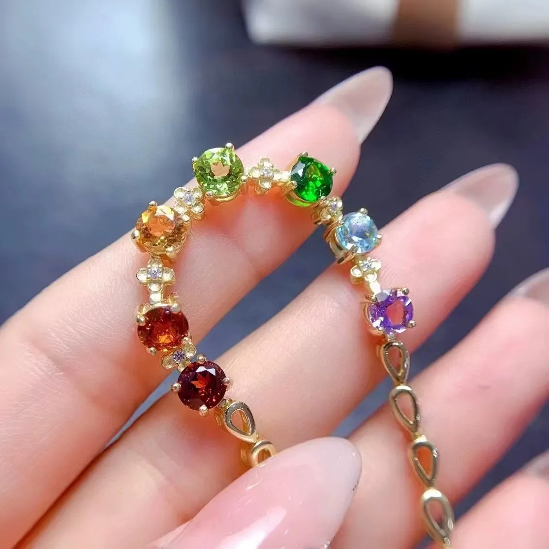 Boutique Jewelry Women's Bracelet 925 Pure Silver Natural Tourmaline Translucent GemsElectroplated 18K gold party birthday gift