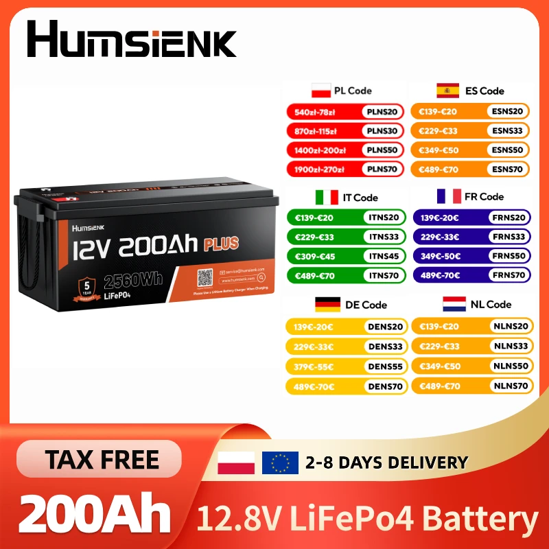 Image of Humsienk 12V 200Ah LiFePO4-Batterie, integriertes 250A BMS, 15000 Zyklen, 2560Wh, Niedertemperaturschutz, Lithium-Eisenphosphat-Batterie für Heimenergie, Wohnmobile, Trolling-Motoren, Marine, Solar,