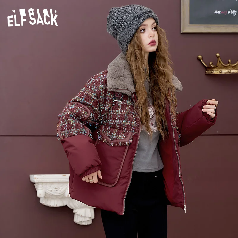 ELFSACK 2024 Inverno Novidades Ancora vermelho contraste costura jaqueta para mulheres