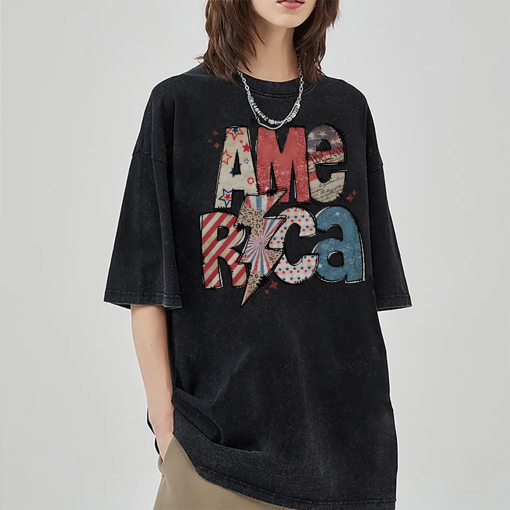 

4th Of July Shirt Trendy 90s Fashion Women's Casual Printed Pattern T-Shirt America Women Washed Tee O-Neck Short Sleeved Tops