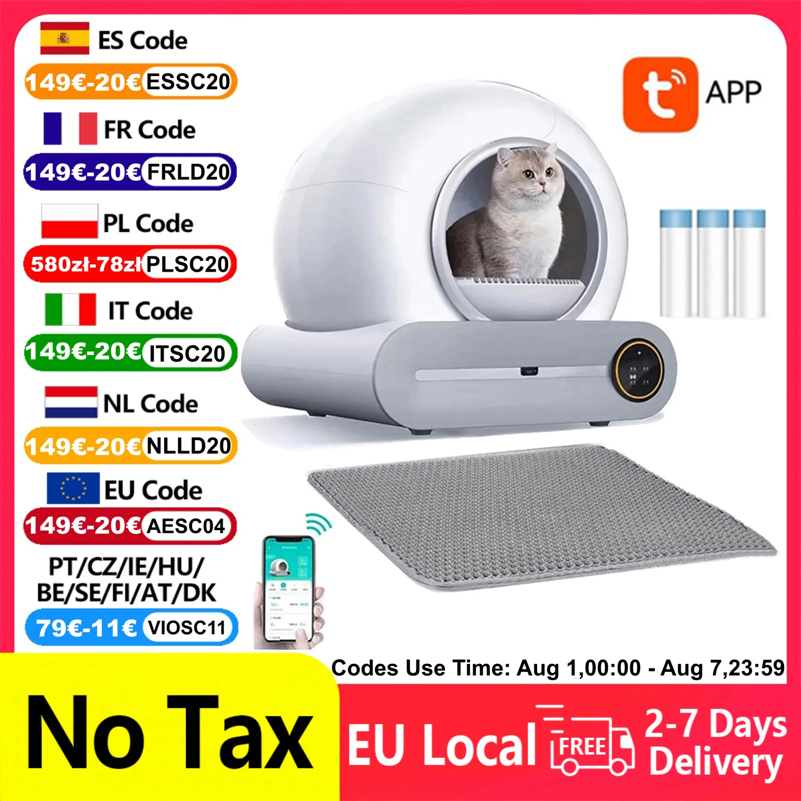 65L Intelligente selbstreinigende Katzentoilette, große Kapazität, automatische App-Steuerung, geschlossene Katzentoilette mit Katzenstreumatte, Müllsäcke