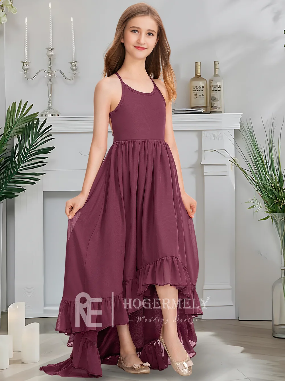 Роскошное платье подружки невесты с круглым вырезом, королевское сливовое платье с цветочным узором для девочек, асимметричный шифон с каскадными оборками и бантом