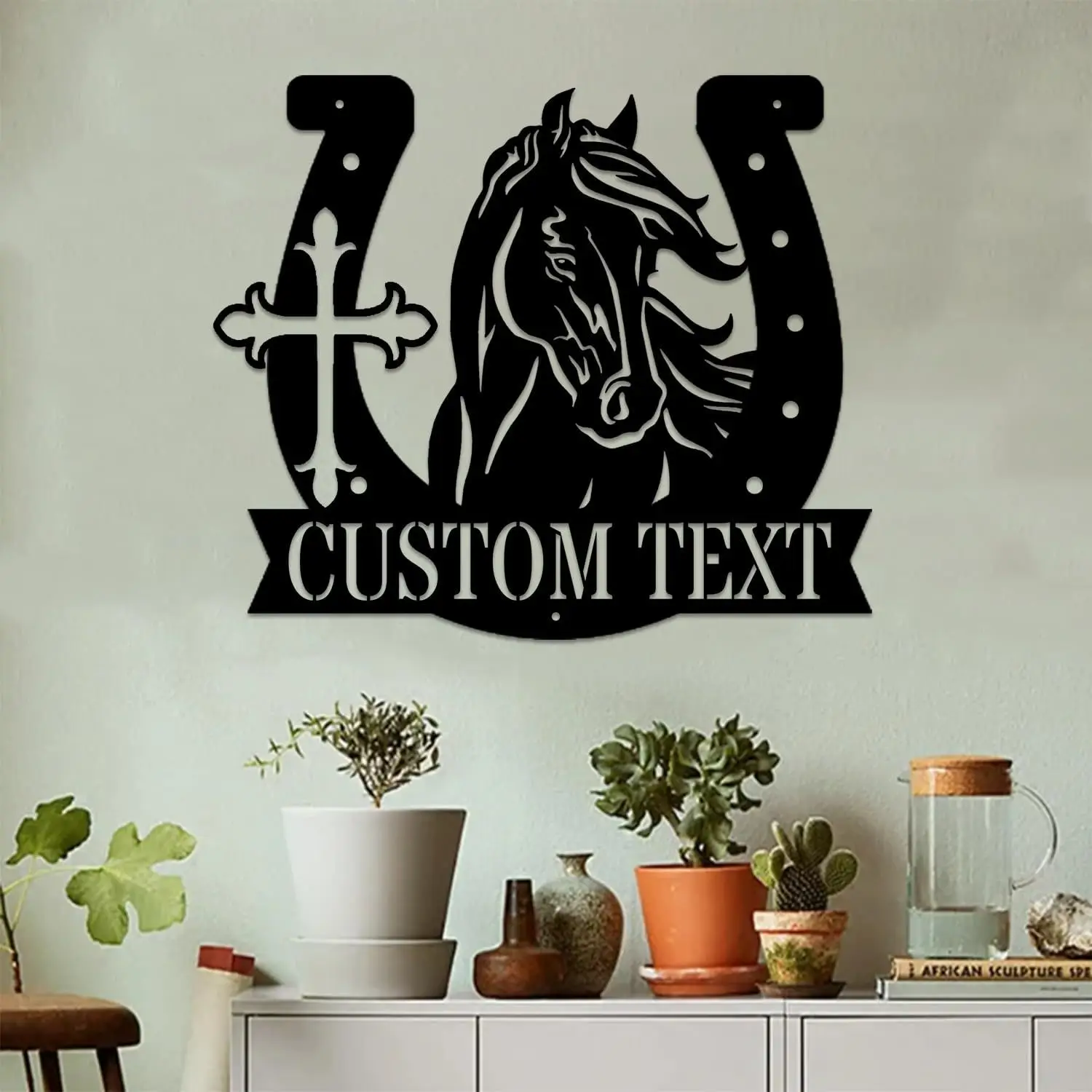 Custom Horse Head Metal SignS with Cross, Outdoor/Indoor Wall Art for Farmhouse/Ranch/Barn Decor, Perfect Gift for Horse Lovers