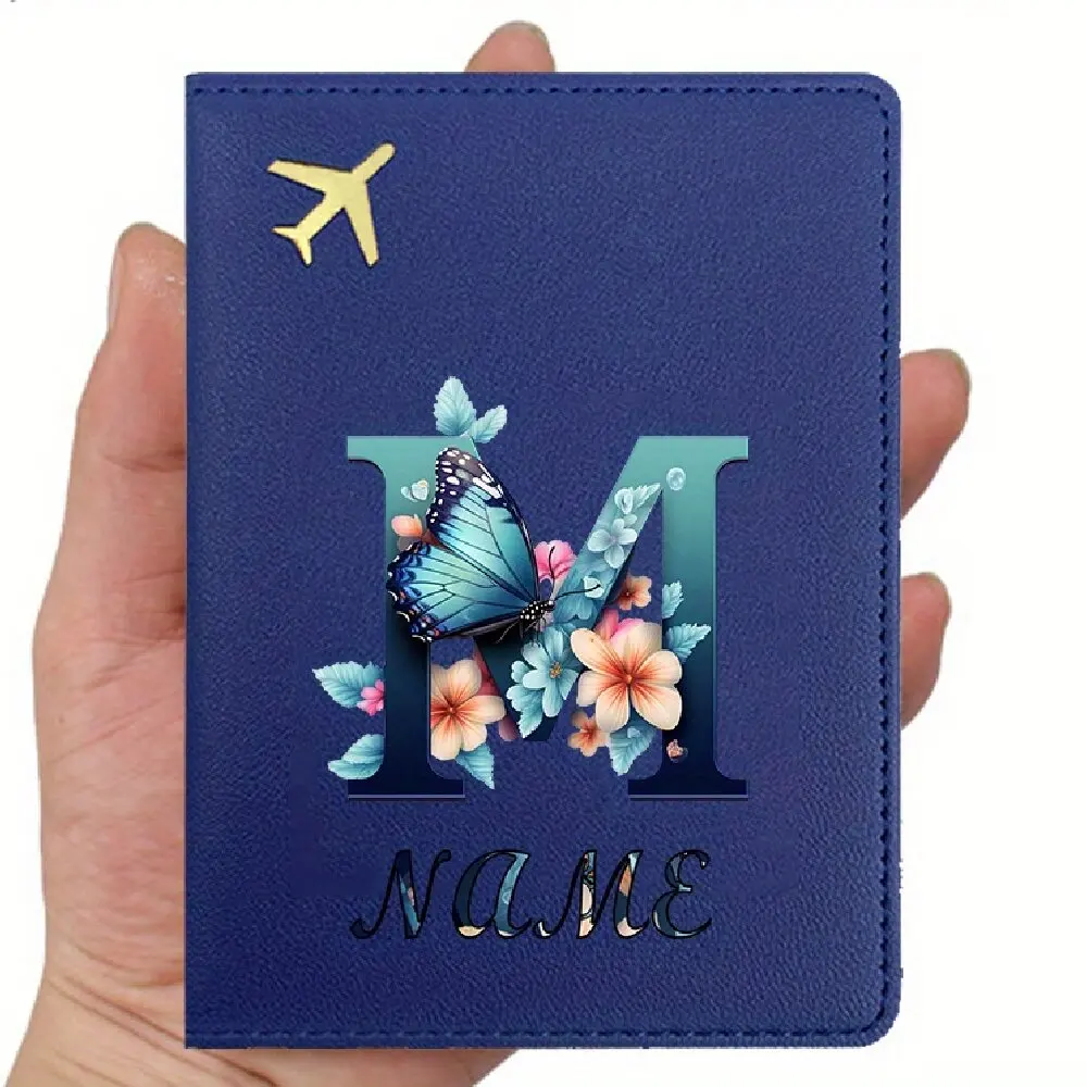 Personalized Name Initials Passport Wallet, Synthetic Leather Slim Travel Case DIY Lettering Card Ticket Storage