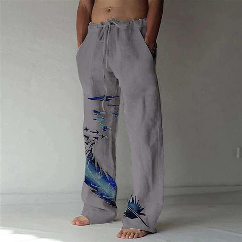 Men\'s Trousers Summer Pants Beach Pants Pocket Drawstring Elastic Waist Feather printing Breathable Lightweight Casual Trousers