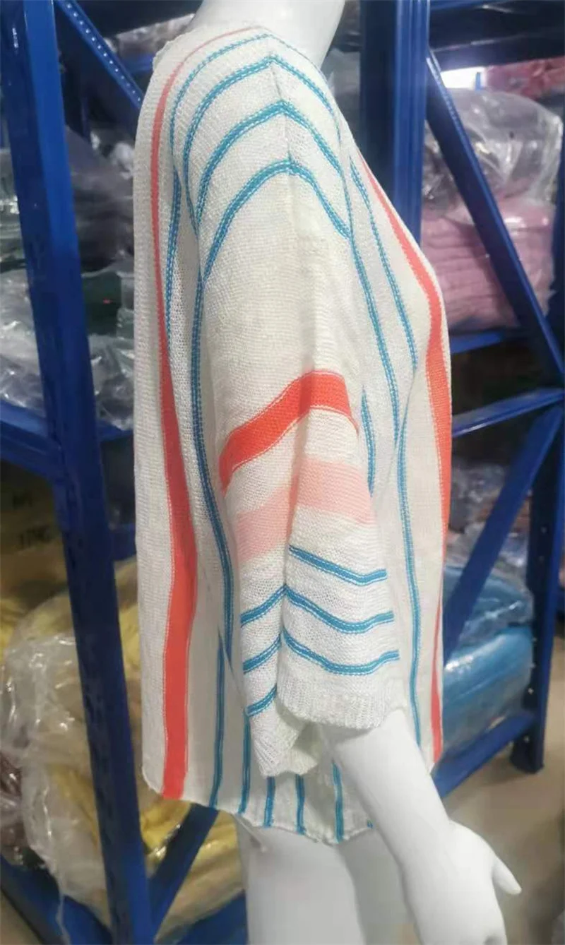 女性半袖ストライプニットブラウスセクシーなトップシャツかぎ針編み水着ビーチウェア水着夏ニットビーチカバーアップ日焼け止め