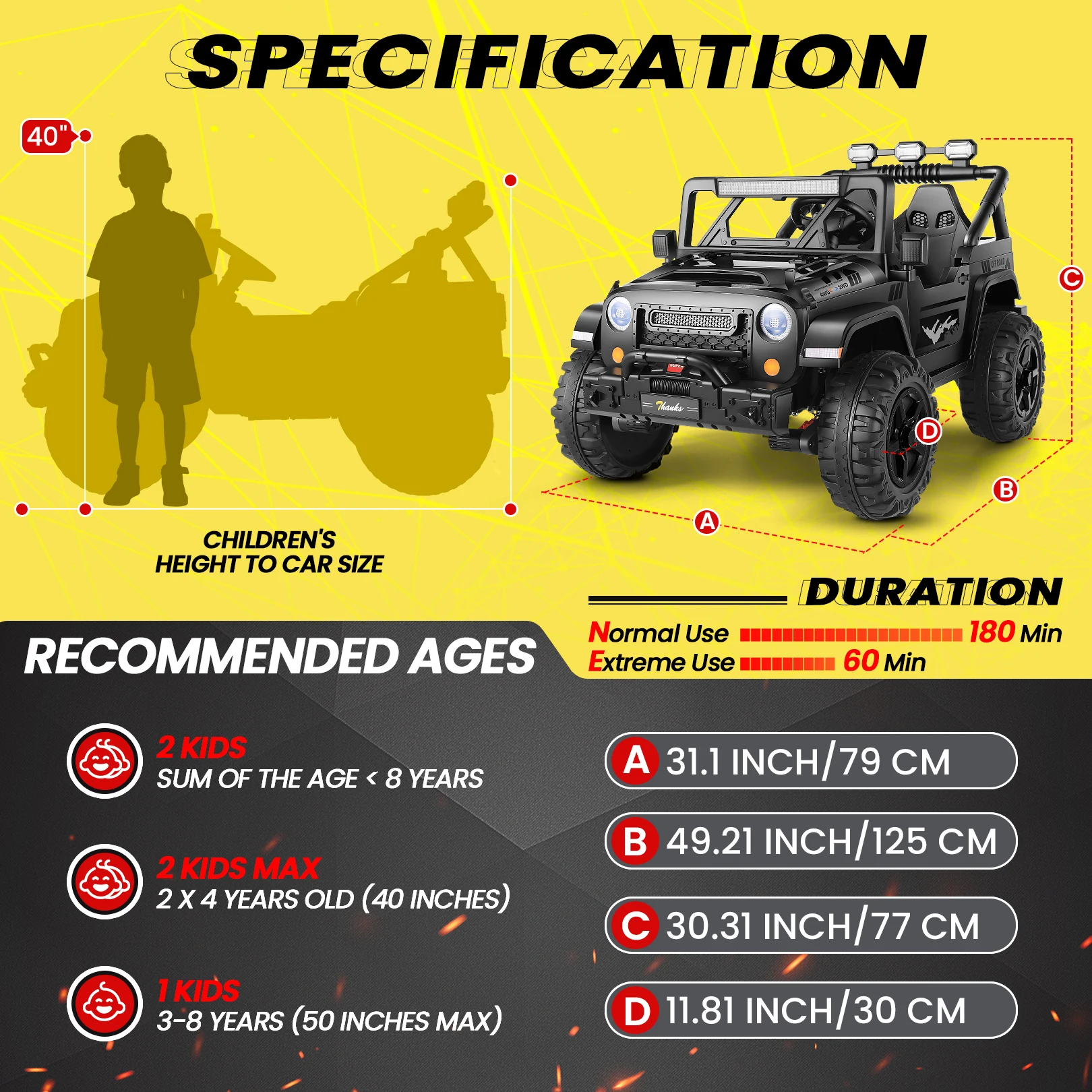 Elektryczny samochód dla dzieci 24V, dwuosobowy, zasilany akumulatorowo, z mocnym silnikiem 4x200W, pilotem i schowkiem na muzykę.