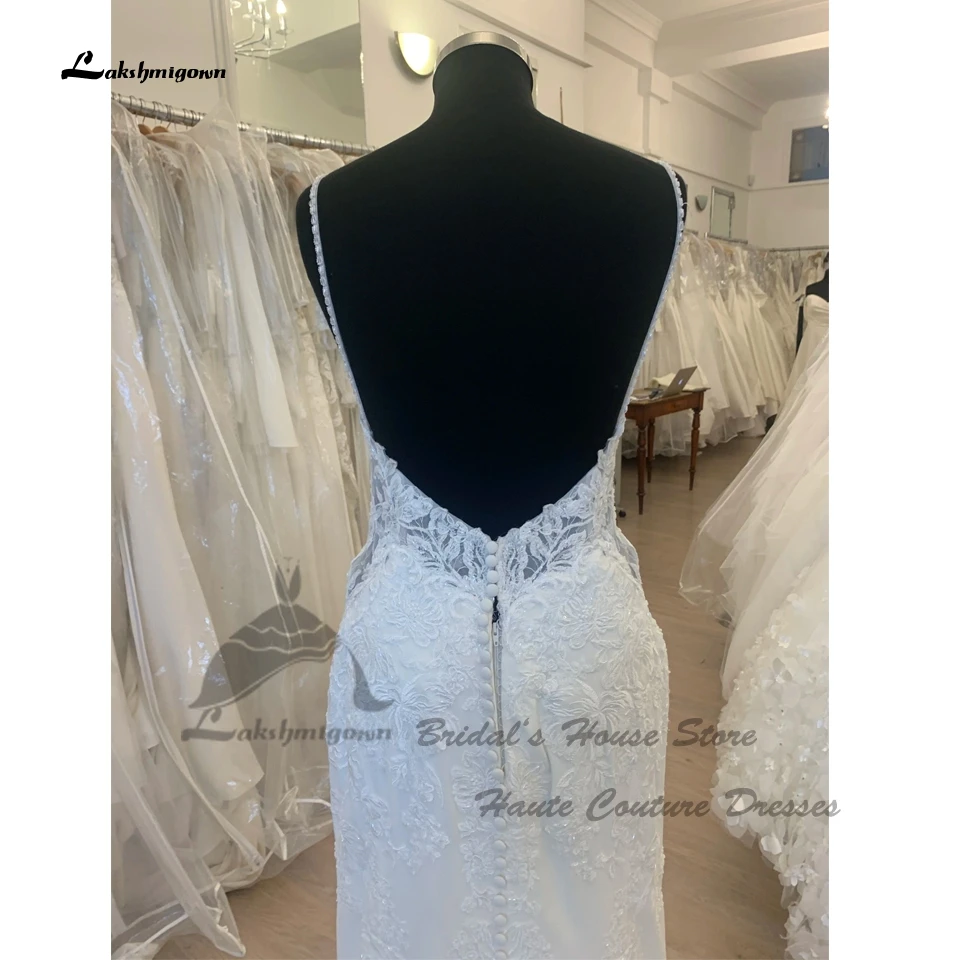 Lakshmigown Luxuriöse Spitzen-Meerjungfrauen-Hochzeitskleider 2026 Rückenfreie Sexy Kirchen-Brautkleider mit Langer Schleppe, Perlenstickerei und Spaghettiträgern – Detail 6